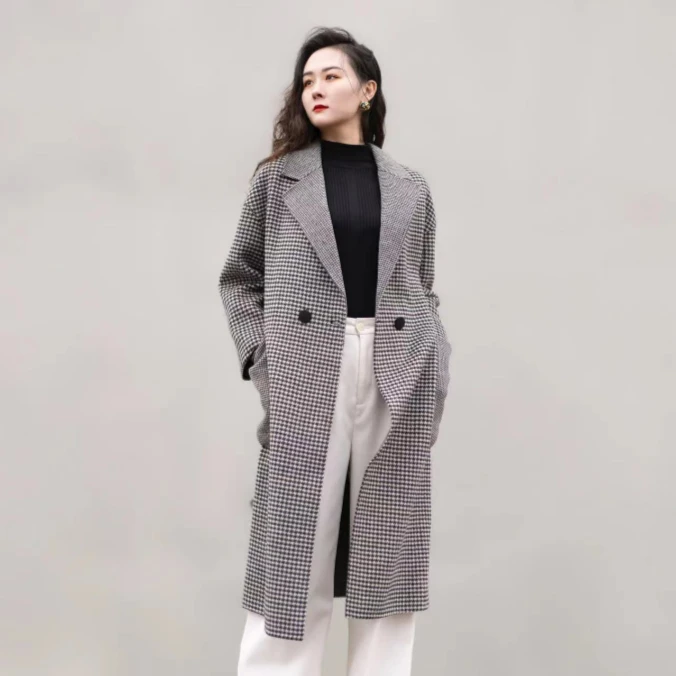 新款复古格子双面呢大衣女高级感秋冬季羊毛外套中长款9111513