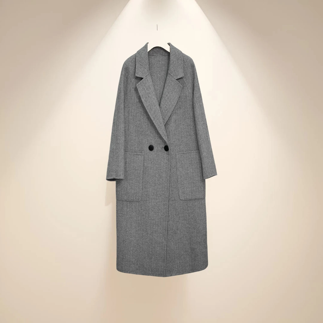 9111250-1时尚中长款落肩袖人字纹纯手工双面羊毛大衣宽松气质