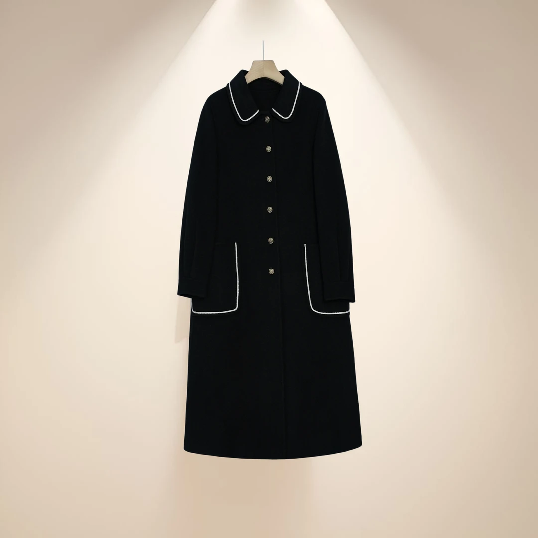 9112DZ219气质时尚女士黑色羊毛呢中长款双面呢双面羊毛大衣