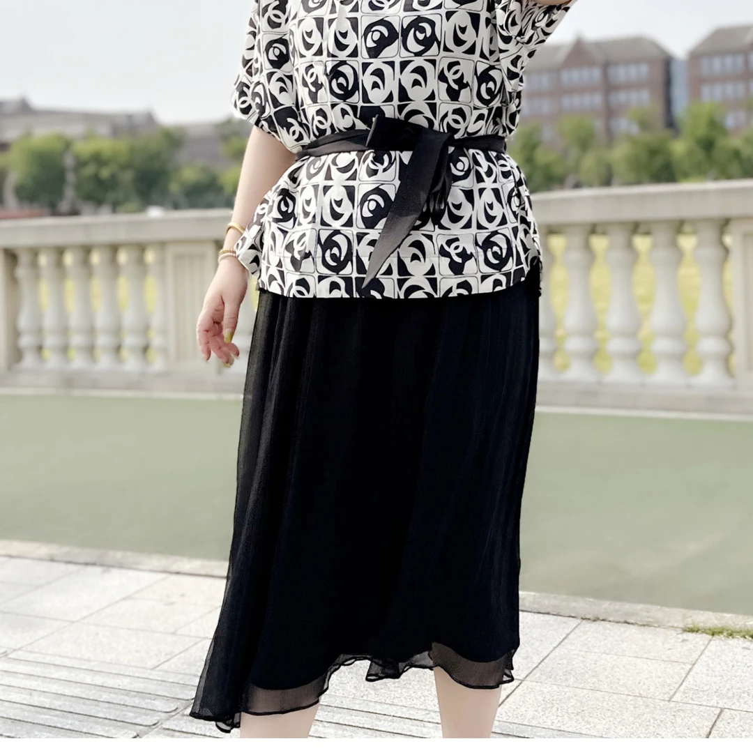 别格秀中腰a字真丝桑蚕丝套装大码女装200斤夏季新款显瘦半身裙
