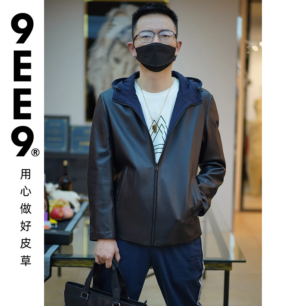 诺贝DA春秋男士真皮皮衣两面穿外套连帽休闲通勤绵羊皮-8W5099C