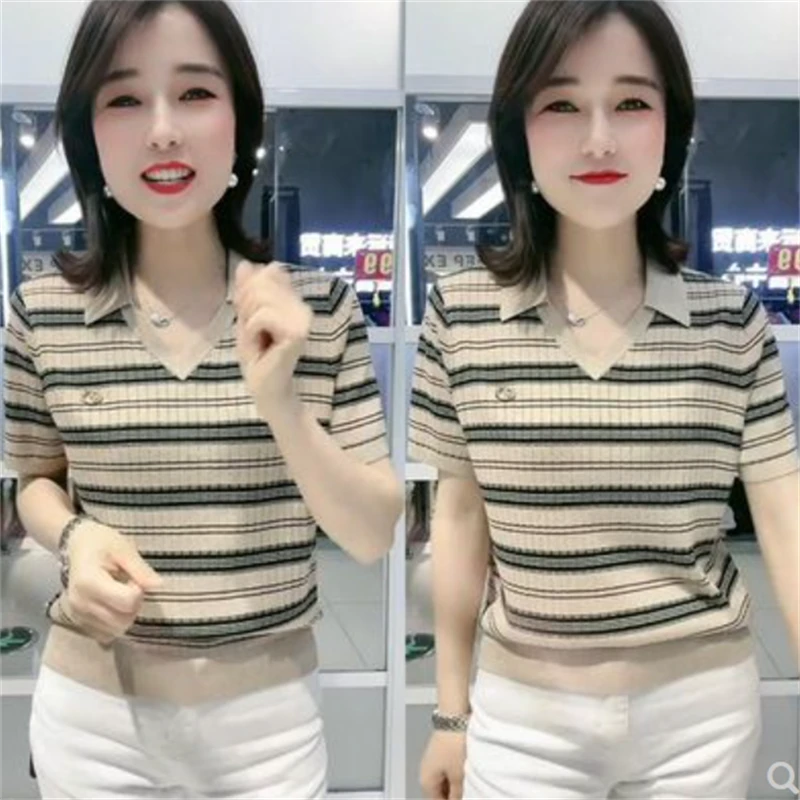 冰丝条纹撞色短袖T恤女夏季新款显瘦减龄遮肚休闲百搭POLO领上衣