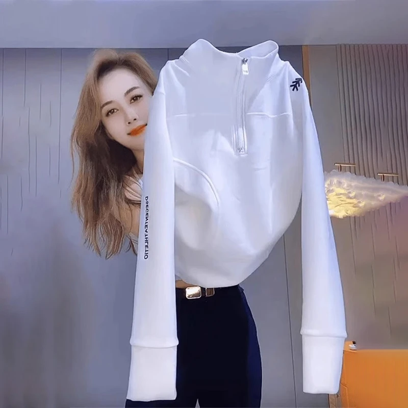 欧货长袖卫衣女春秋冬上衣设计感时尚内搭半拉链立领加绒厚打底衫