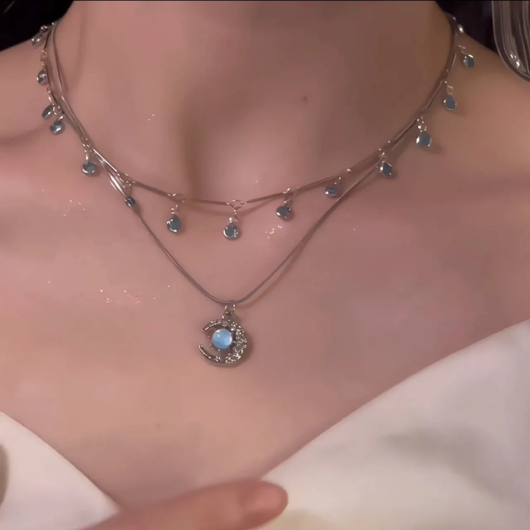 合金项链 流浪月光~蓝流苏果冻月项链叠戴时尚吊坠链配饰双层百搭