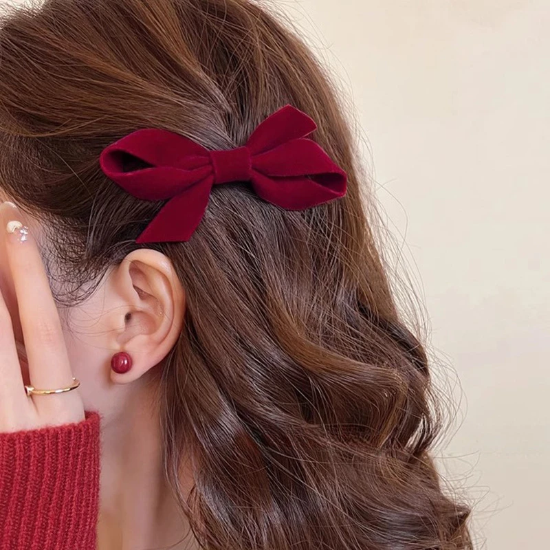 2025新年红色蝴蝶结发夹头饰女侧边夹子气质发饰前额碎发秋冬丝绒