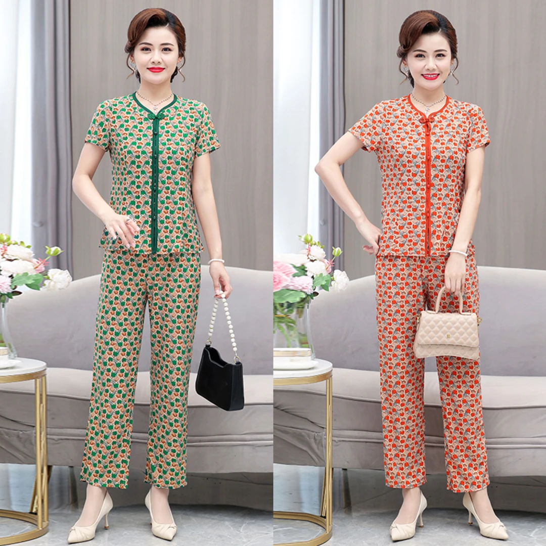 夏季妈妈装花色中式套装显瘦阔腿裤碎花中年女装气质上衣+长裤