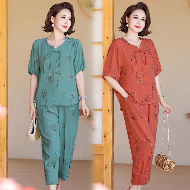 夏季新款V领洋气休闲妈妈装中老年女士宽松半袖萝卜裤外穿套装