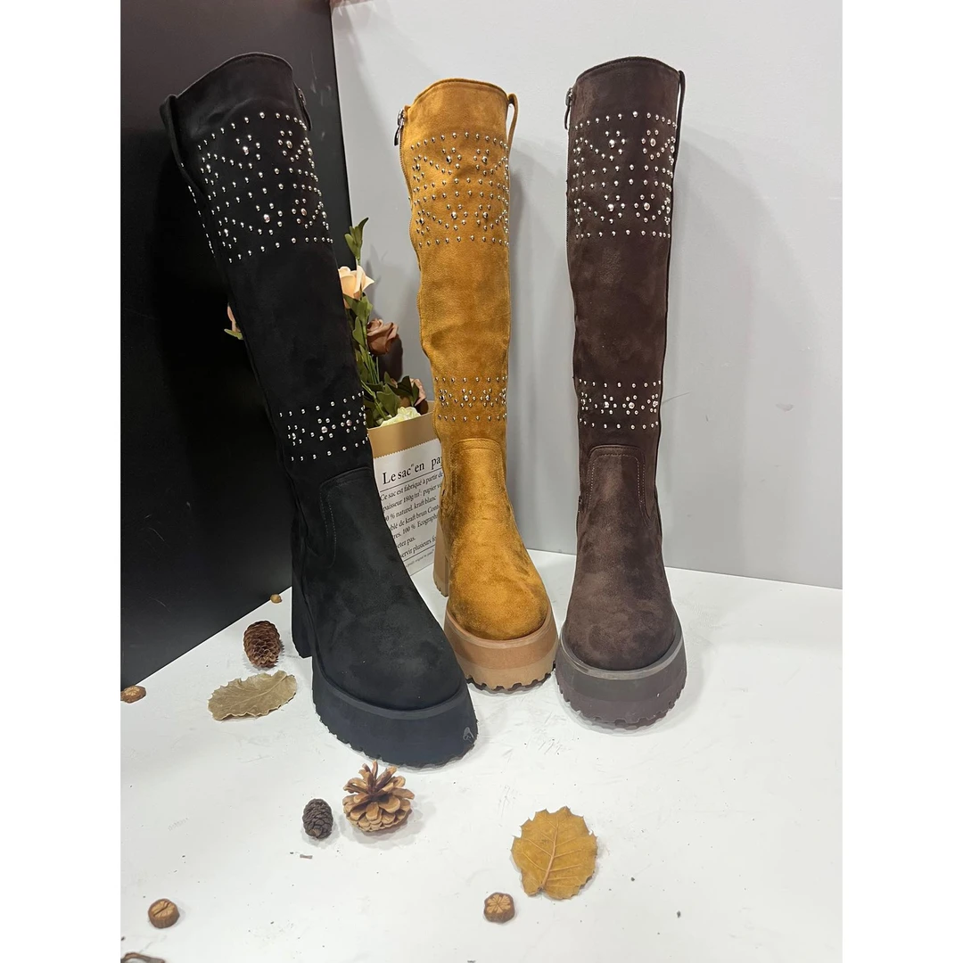 [2023-175]秋冬加绒时尚百搭休闲高筒厚底磨砂铆钉高筒靴