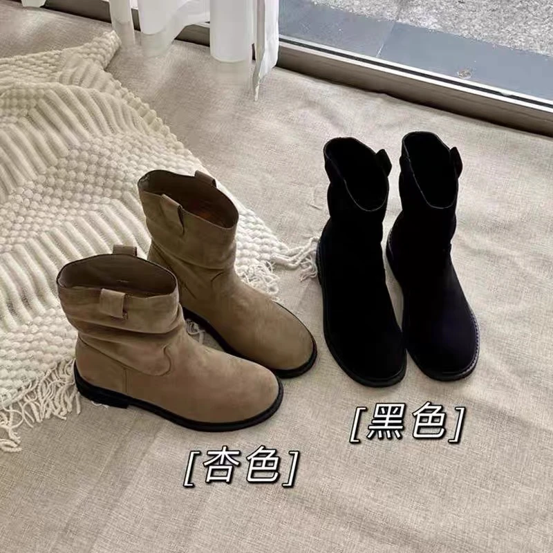 新疆（3厘米）加绒2024复古堆堆靴冬季短靴褶短筒马丁靴黑色6379-2