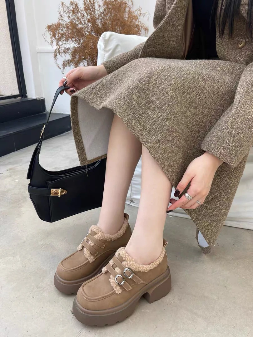 新疆【5厘米】加绒加厚保暖鞋子女小众休闲鞋厚底乐福鞋7018-30