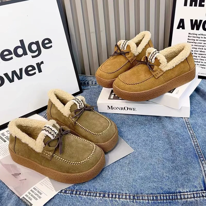 新疆（4厘米）蝴蝶结小众设计毛毛鞋豆豆鞋加绒乐福鞋862-1