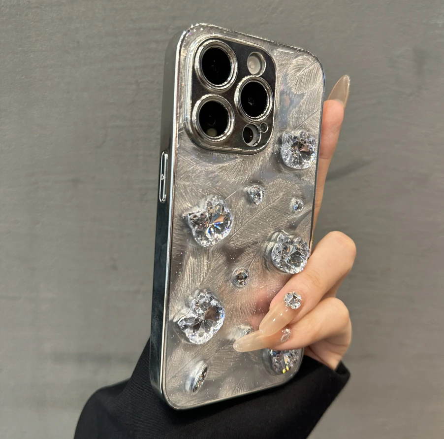 立体羽纱纹水钻kt猫适用iPhone15promax苹果13手机壳12小众11滴胶