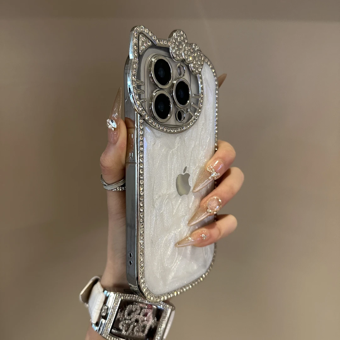 牛奶白滴胶镶钻猫咪适用苹果16promax手机壳iphone14/13/12电镀15