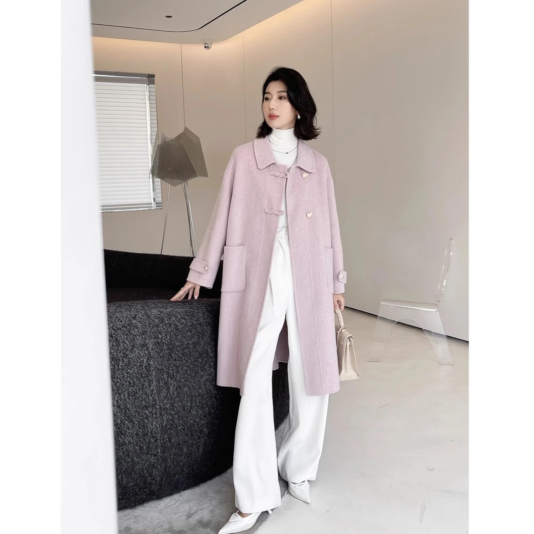 2023秋冬季新款韩系紫色双面羊毛大衣女中长款高级感赫本毛呢外套
