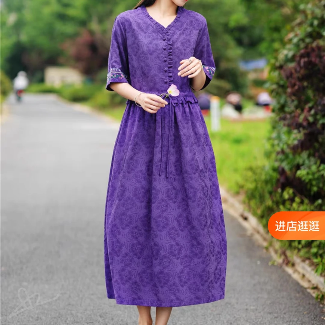 提花刺绣连衣裙女2023夏季新款荷叶边v领收腰显瘦裙子中袖长裙子
