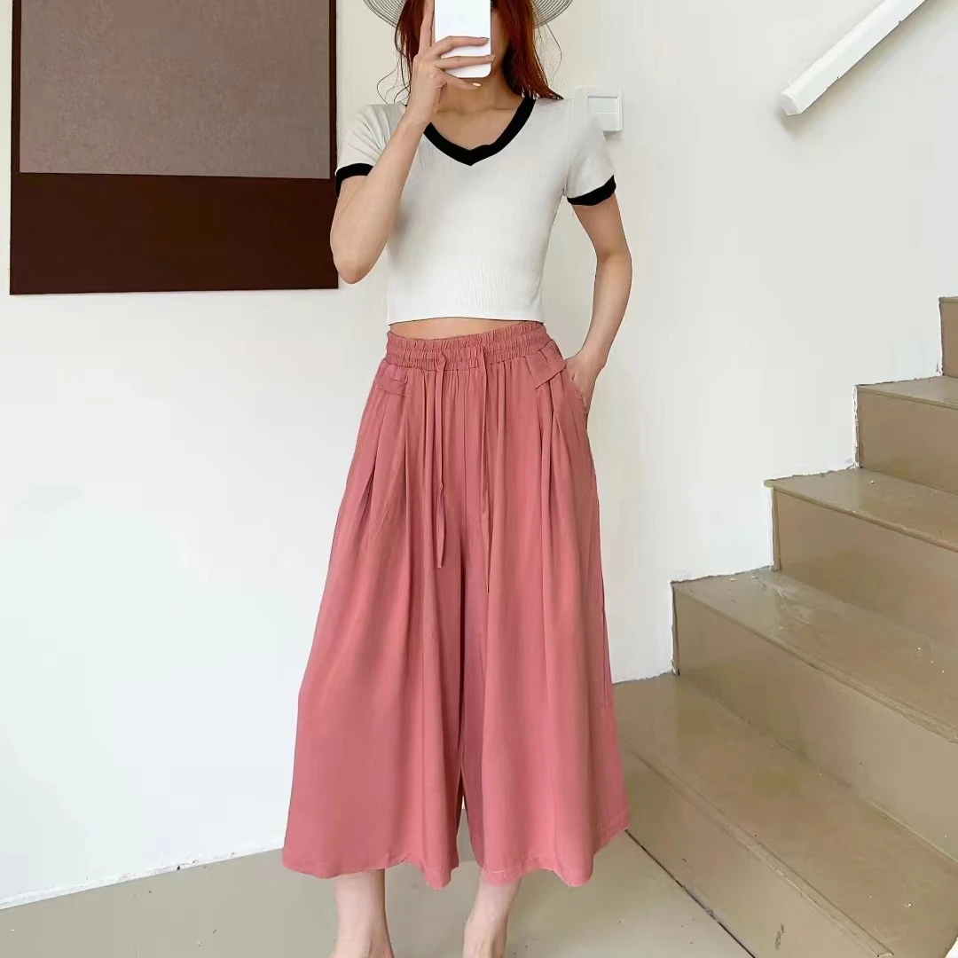 夏季新款高织斜纹人造棉女裤阔腿裤百搭休闲高腰显瘦气质八分裤裙