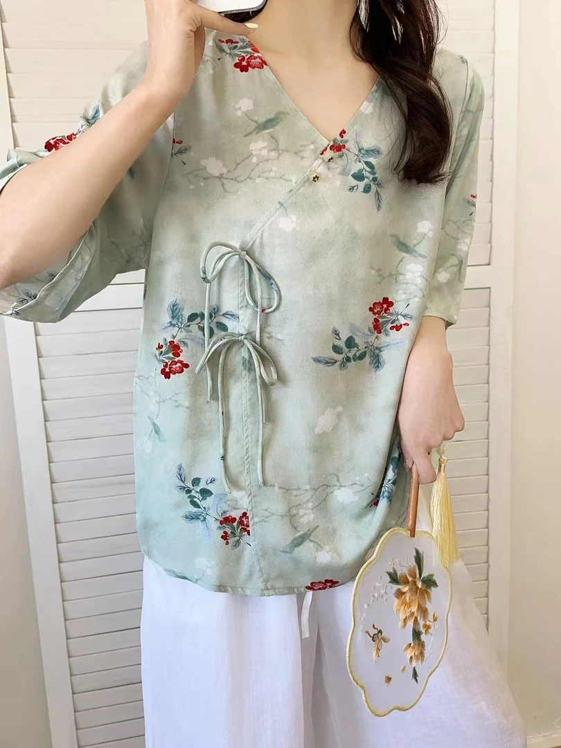 夏季新款人造棉女士宽松T恤复古中国风印花提花气质显瘦加大古风