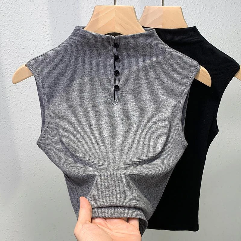 半高领无袖欧货t恤女2025新款秋季内搭打底衫百搭休闲修身上衣
