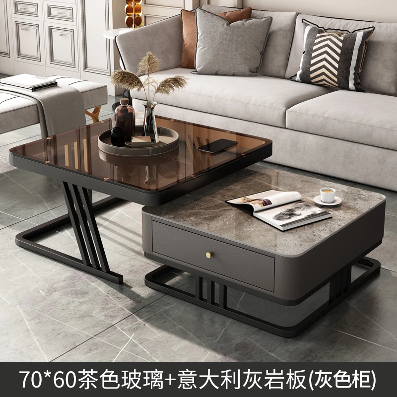 茶几客厅家用轻奢亮光岩板玻璃小户型金黑色简约现代方形茶几组合