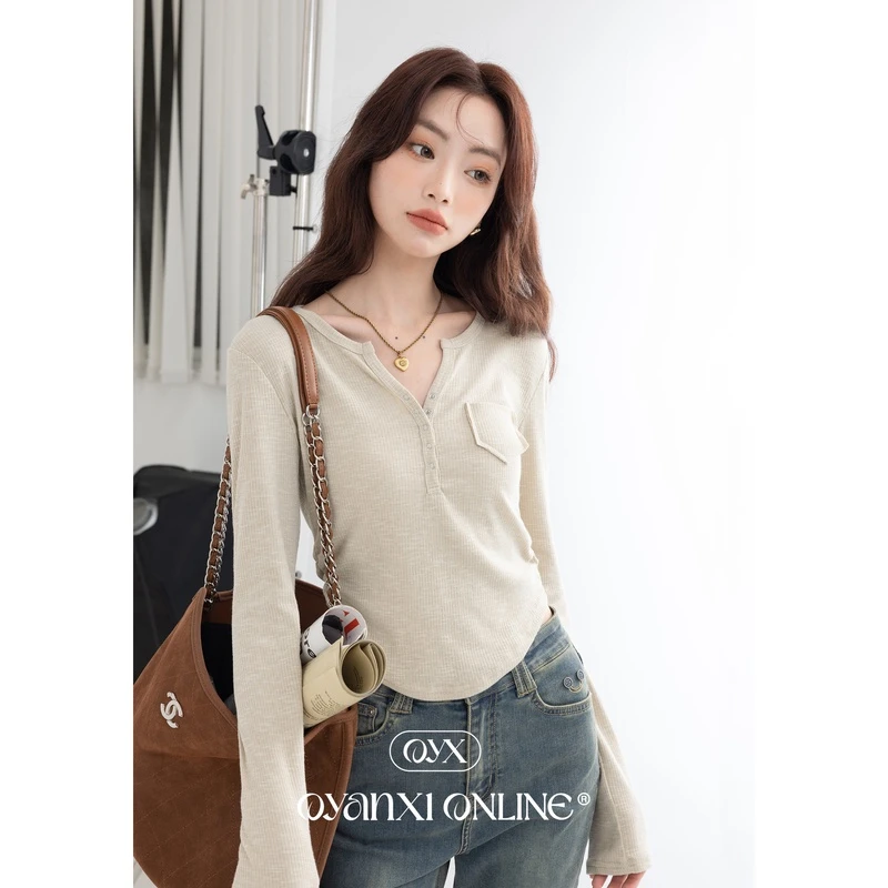 【欧阳喜OYANXI】温柔入秋薄款长袖修身v领百搭设计感显瘦针织上衣