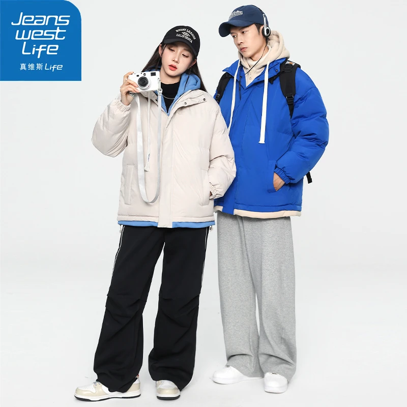 JEANSWEST LIFE真维斯集团假两件棉衣情侣秋冬款连帽面包服外套潮