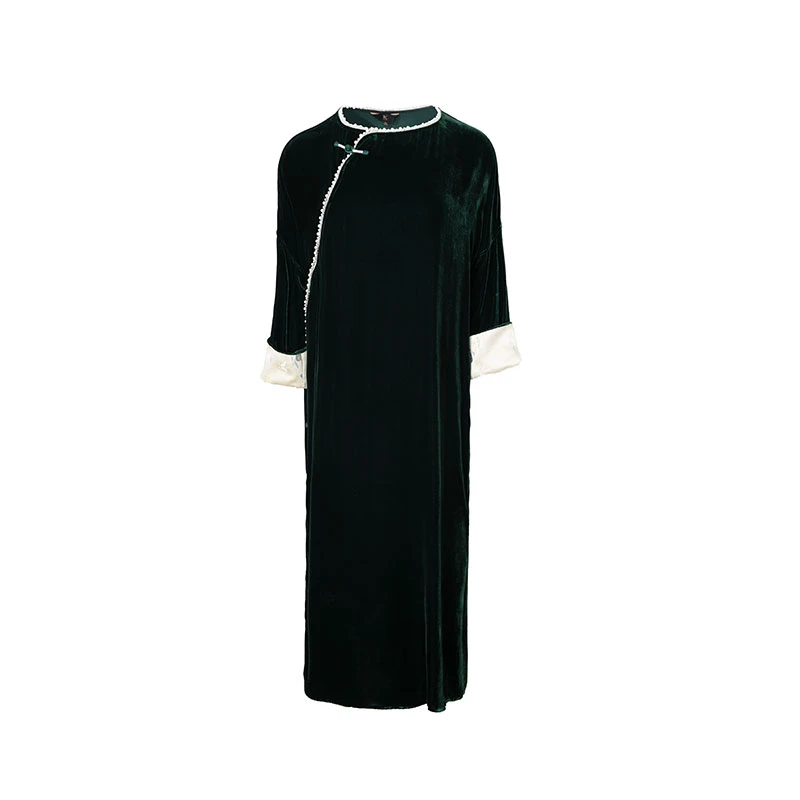 【碧玉】国潮新中式桑蚕丝丝绒重工珍珠七分袖连衣裙6332176时尚