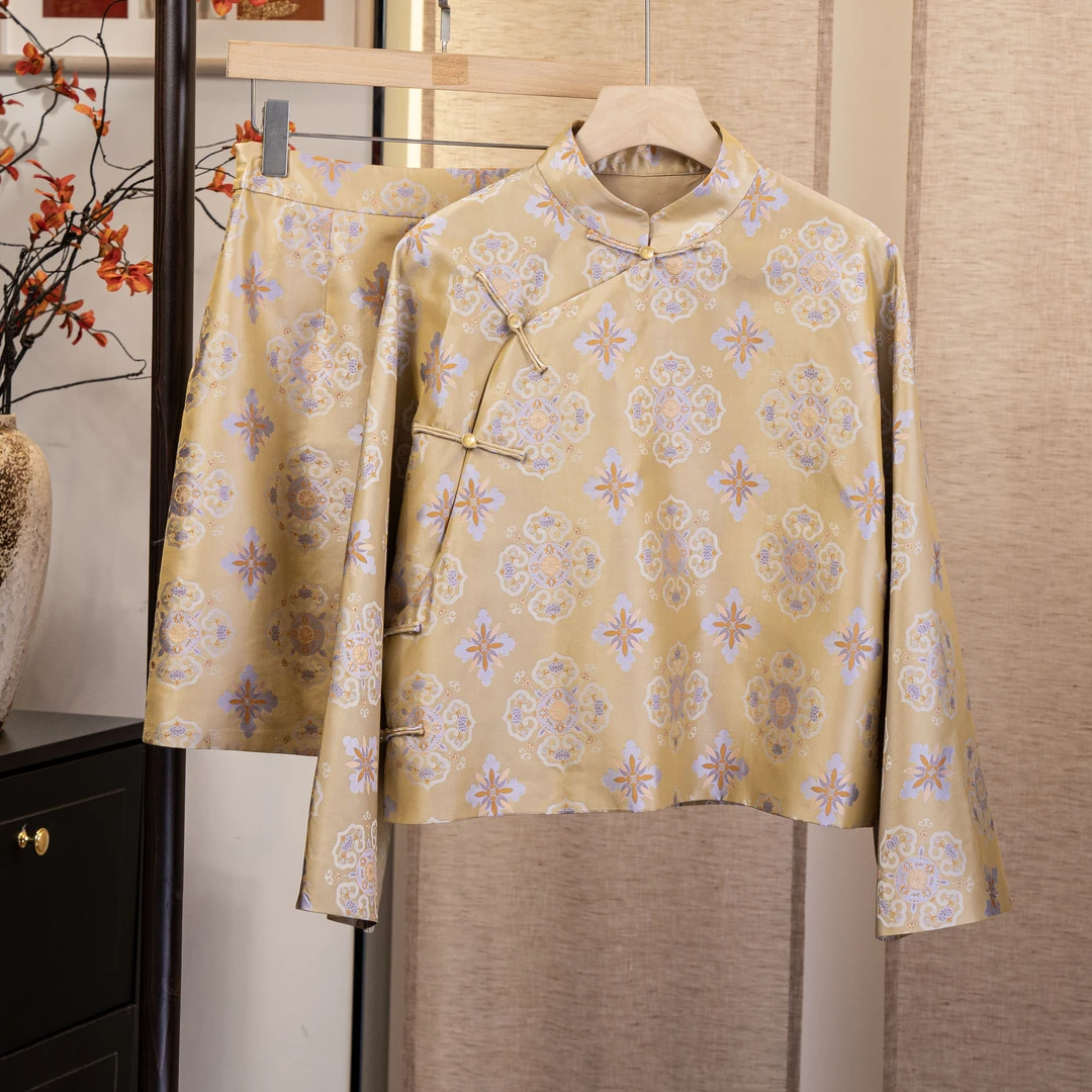 国潮新中式重磅桑蚕丝宋锦长袖气质百搭套装6431145