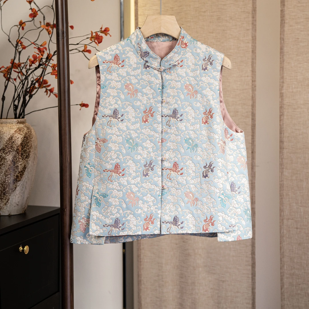 【金鱼闹彩蝶】新款桑蚕丝椀菱花织金宋锦短气质上衣6424924