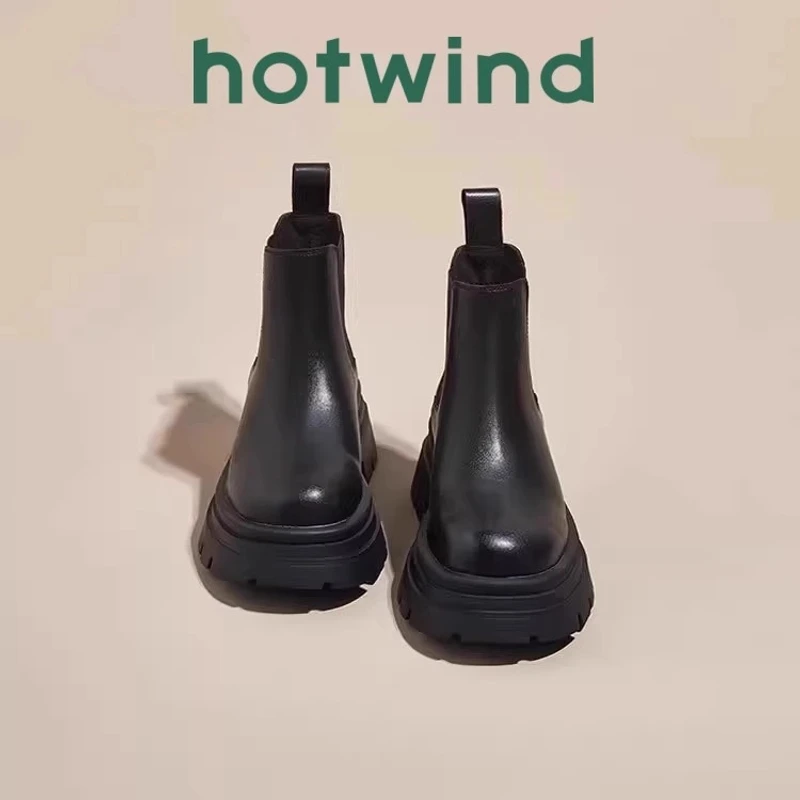 热风切尔西短靴女厚底2024年新款秋冬加绒烟筒靴英伦风马丁靴