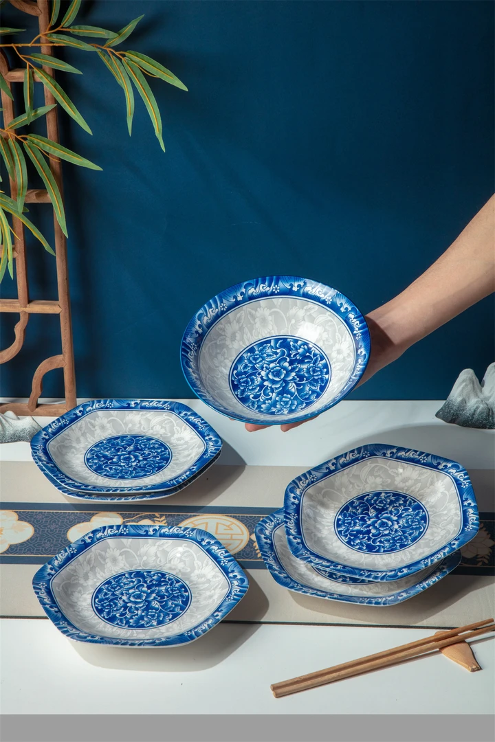 【精选好瓷】青花瓷六角盘+8英寸汤碗家用陶瓷餐具复古盘碗盘碟套装