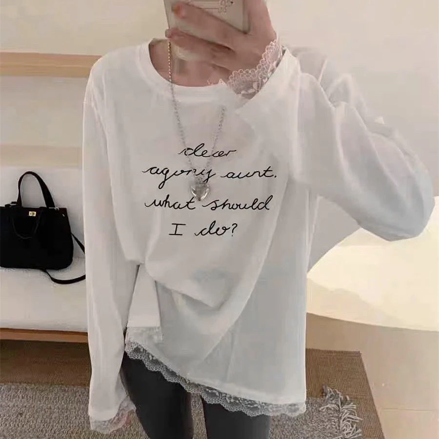 德绒秋冬季外穿内搭蕾丝拼接上衣中长款打底衫春装宽松长袖T恤女