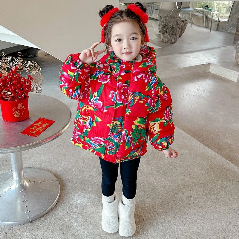 女小童冬季棉服加厚2024新坤洋气儿童东北大花棉袄女宝宝连帽外套
