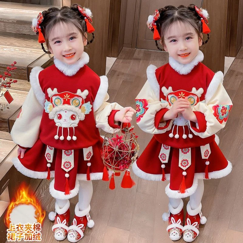 女童拜年服套装加厚冬季2024新款洋气儿童唐装女宝宝两件套中国风
