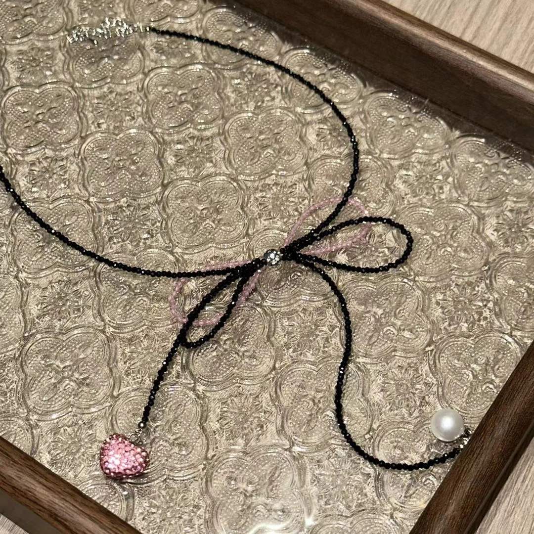 钛钢项链 黑色蝴蝶结晶晶项链-1568