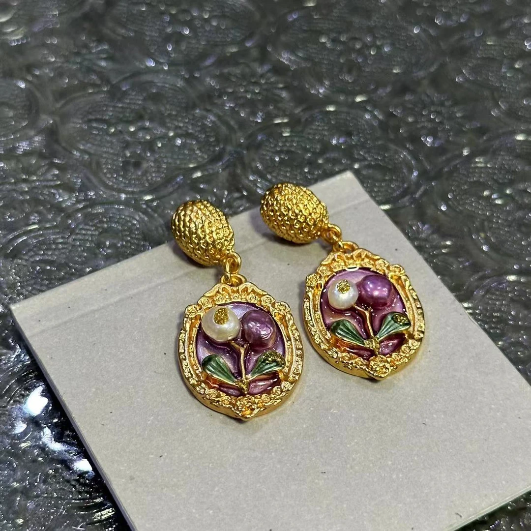 铜合金耳饰 中古风郁金香紫色耳饰-1951