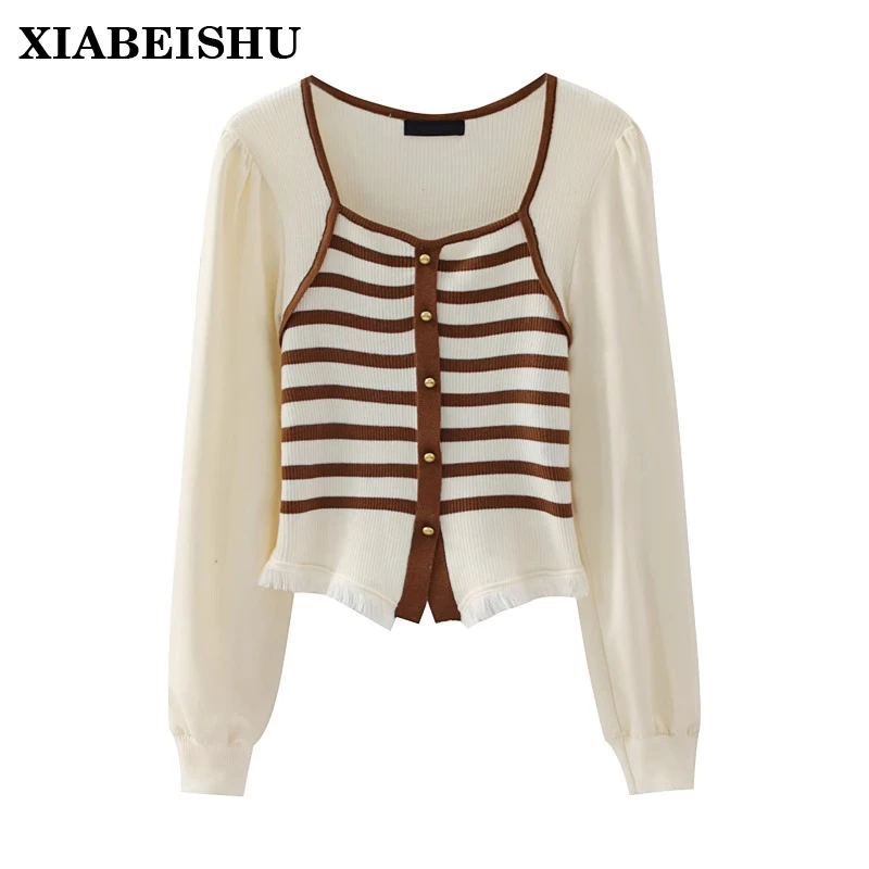 XIABEISHU 法式小方领条纹针织衫上衣女装秋冬季小香风内搭打底衫