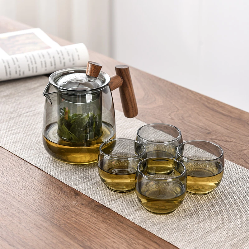 轻奢侧木把玻璃茶壶泡茶器耐高温玻璃过滤煮茶器单壶茶具家用套装
