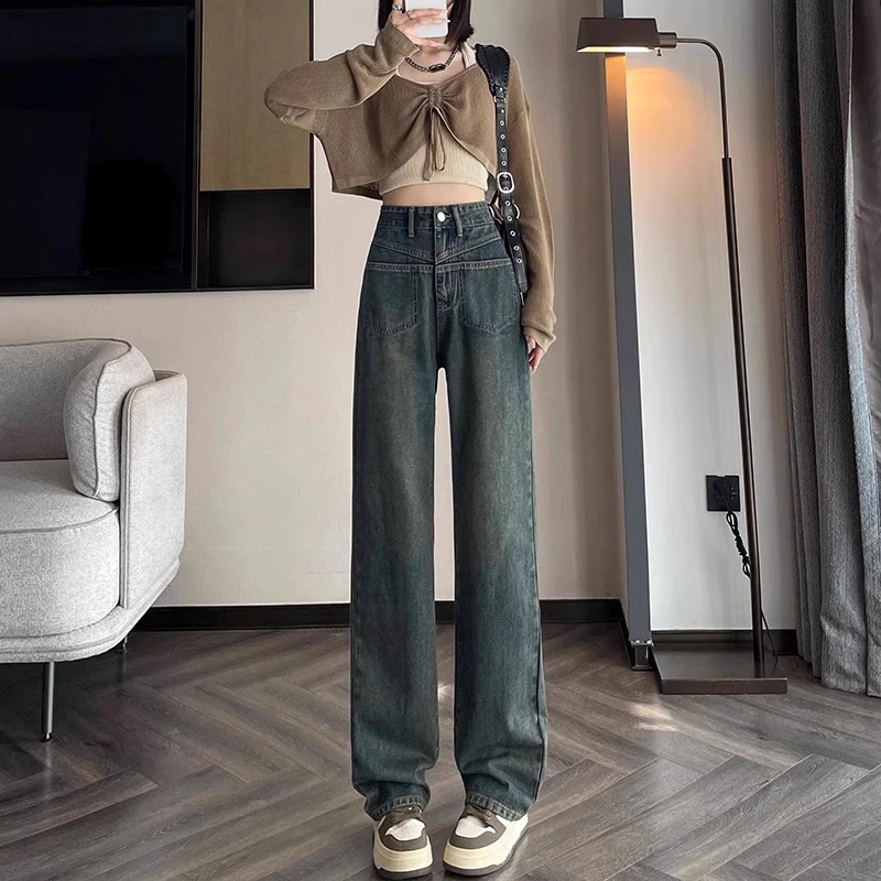 水泥灰阔腿牛仔裤女宽松2025秋装高腰显瘦港风小个子窄版直筒