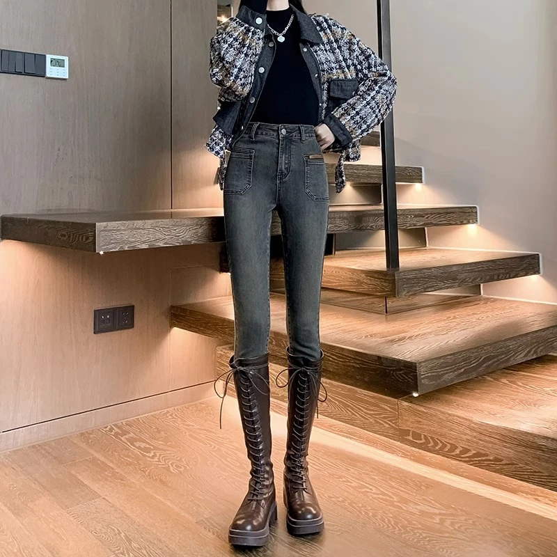 水泥灰弹力小脚牛仔裤女2024秋冬季新款高腰小个子显瘦小脚铅笔裤