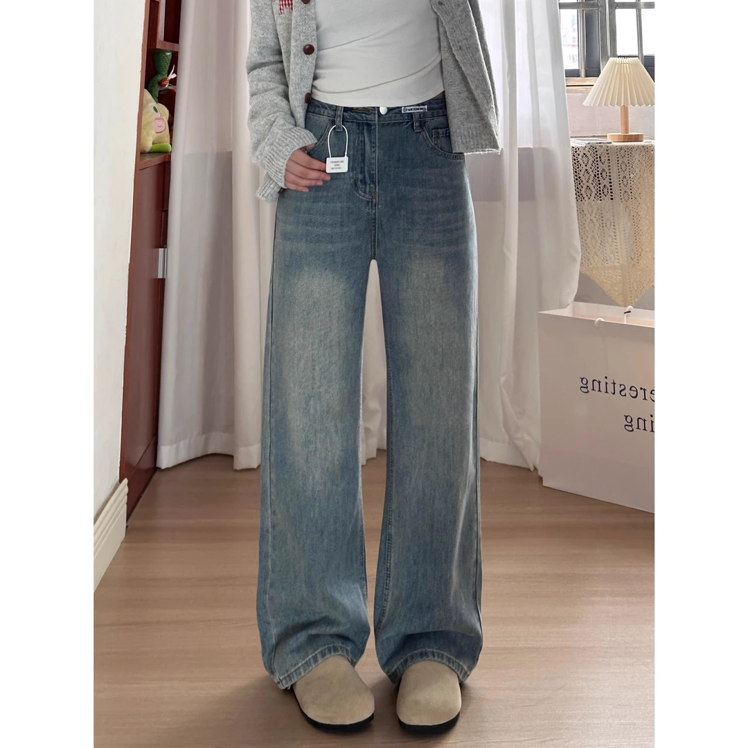 梨形身材复古蓝直筒牛仔裤女秋季新款胖妹妹mm高腰宽松显瘦阔腿裤