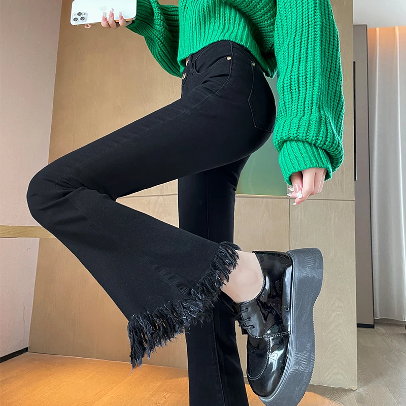 黑色喇叭裤女高腰显瘦小个子九分2023年新款春秋流苏微喇牛仔裤子
