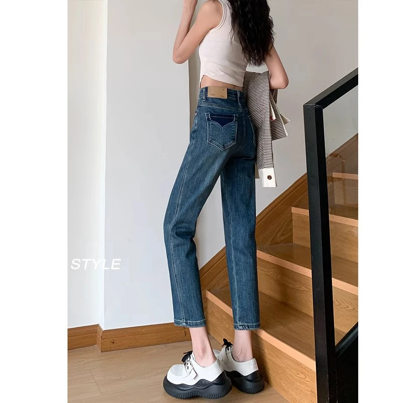 设计感高腰九分直筒牛仔裤女2023春秋新款显瘦小个子窄版烟管裤子