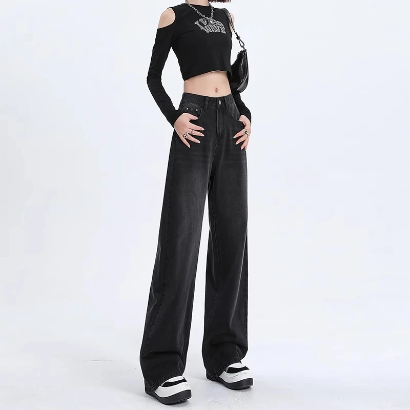黑灰色窄版阔腿牛仔裤女春秋2025新款高腰直筒宽松垂感拖地裤加长