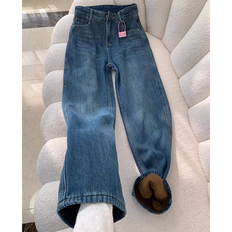 美式复古蓝加绒加厚宽松直筒牛仔裤女秋冬新款高腰显瘦窄版阔腿裤