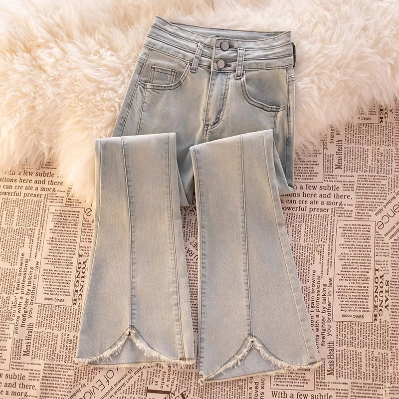 浅色微喇牛仔裤女秋季2025年新款高腰显瘦毛边小个子九分喇叭裤女