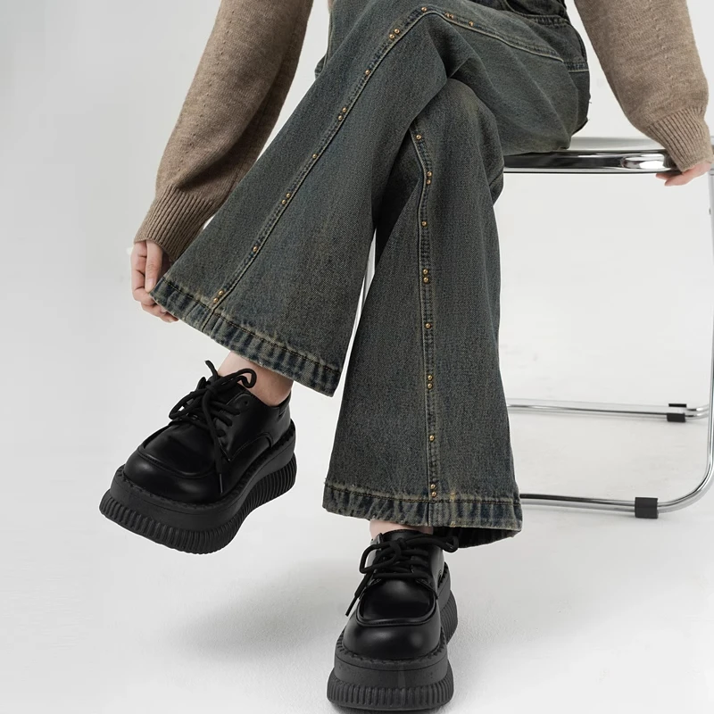 复古直筒牛仔裤女2025秋冬加绒高腰设计感铆钉拼接宽松微喇阔腿裤