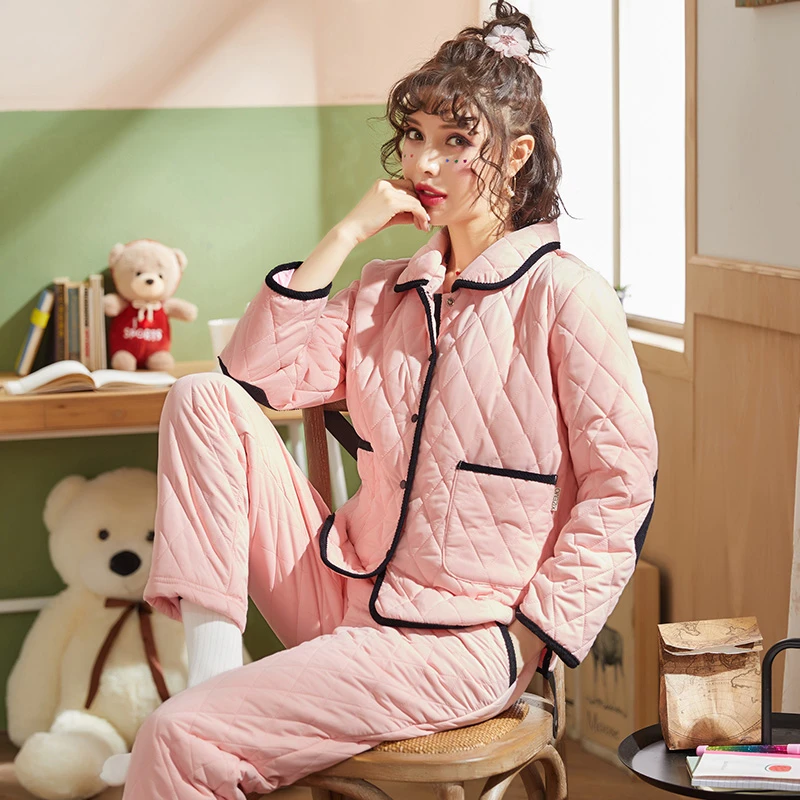 睡衣家居服保暖套装女士可外穿的家居服简约加绒三层睡衣秋冬季穿