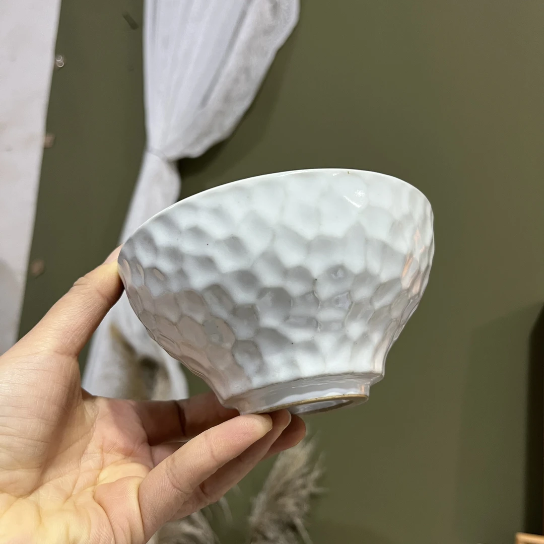 Y596锤纹白瓷白米碗小碗米饭碗家用饭4.5英寸粗陶喝粥碗陶瓷碗