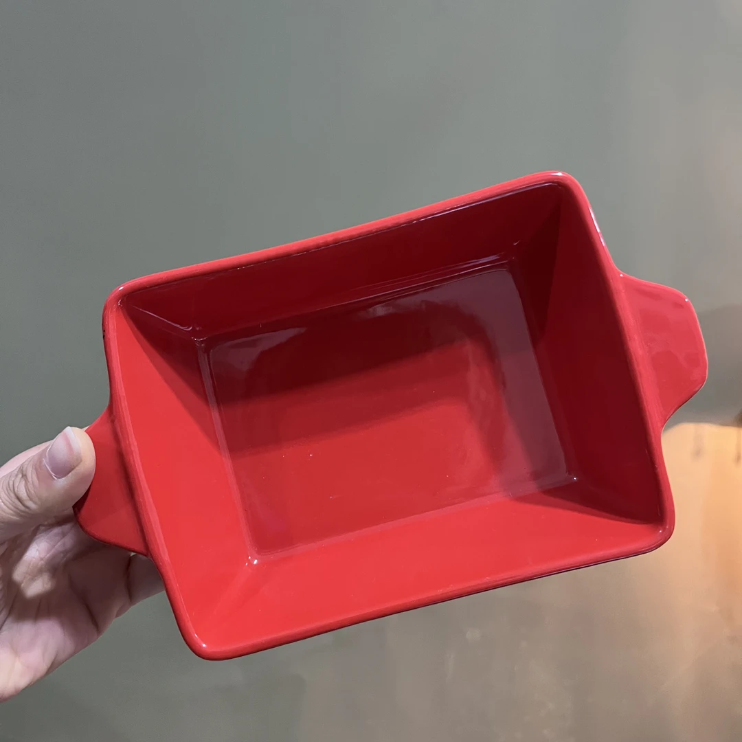 红色手捏纹陶瓷烤碗8英寸方形中式纯色大红微瑕满20发货双耳F318