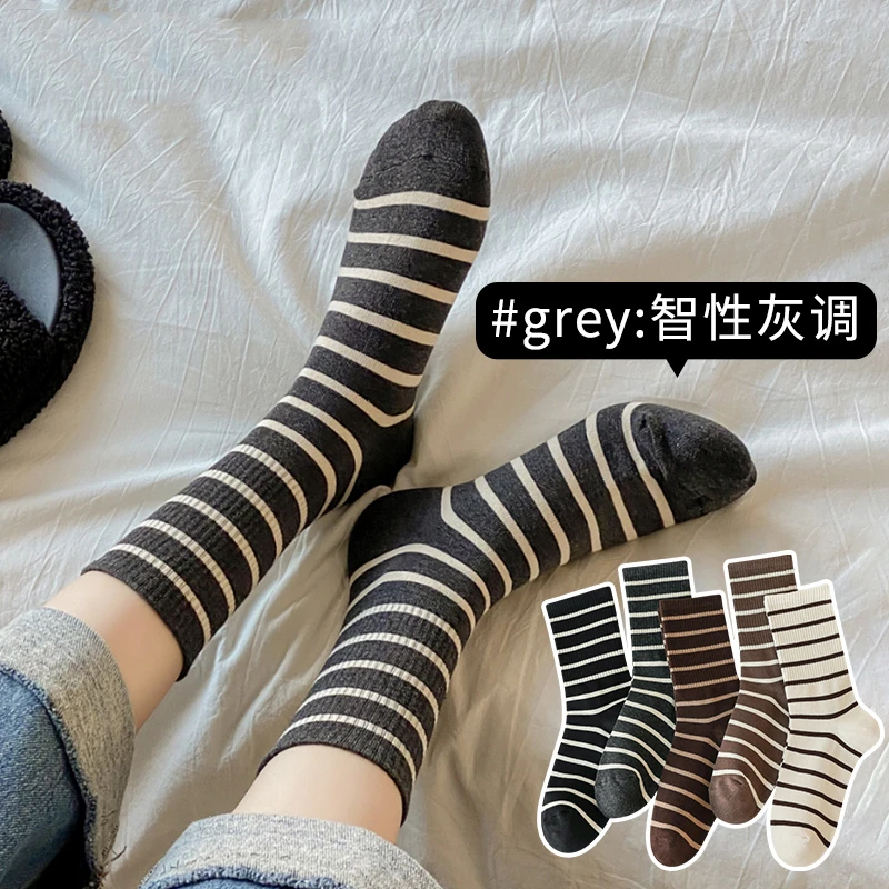 梦格俪条纹袜子女中筒袜春秋运动长筒堆堆袜韩版ins潮学院风长袜